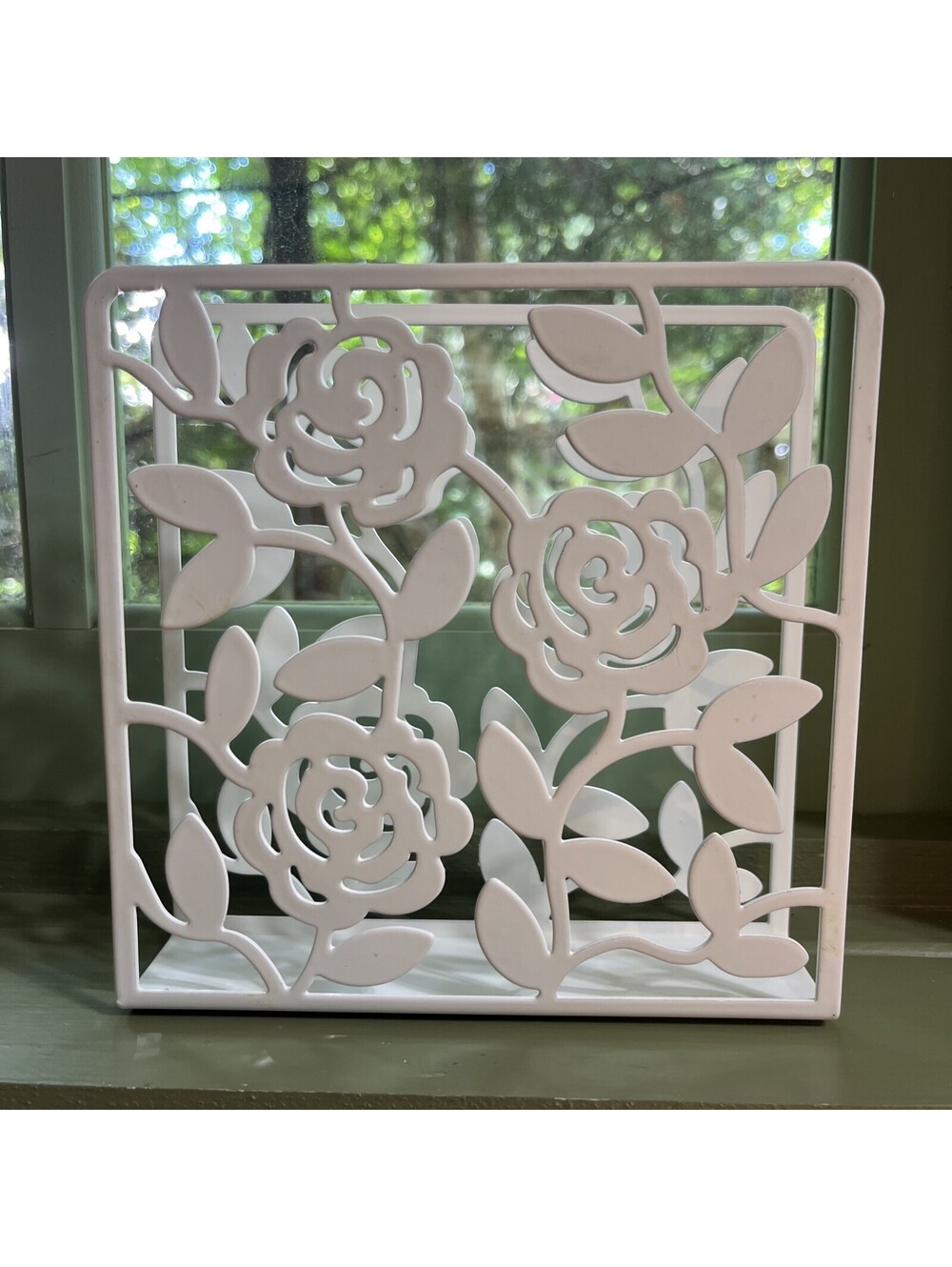 Ikea Liksidig Napkin Holder White Rose Cut Out Metal 6" x 6" x 1.5" Letter Tray